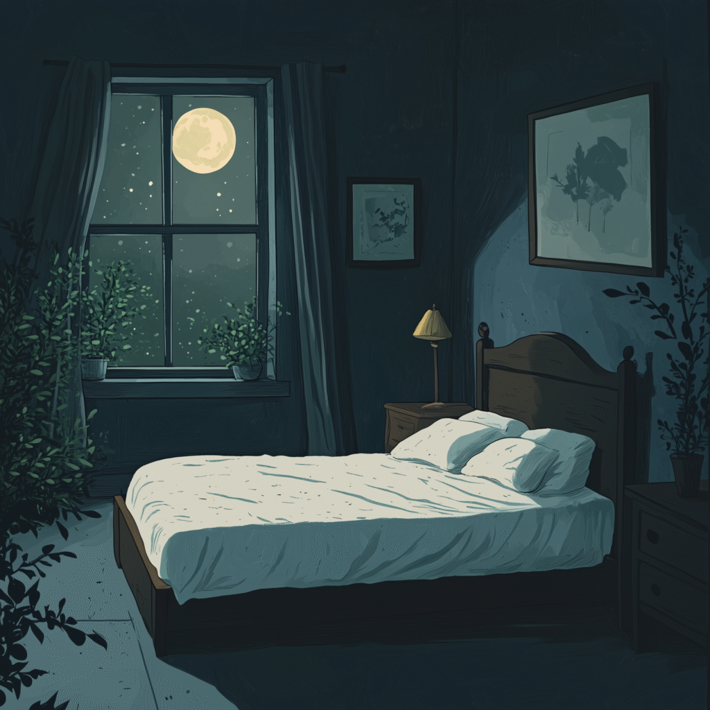 Ilustracja przedstawiająca spokojną, ciemną sypialnię z wygodnym łóżkiem, symbolizująca idealne warunki do zdrowego snu